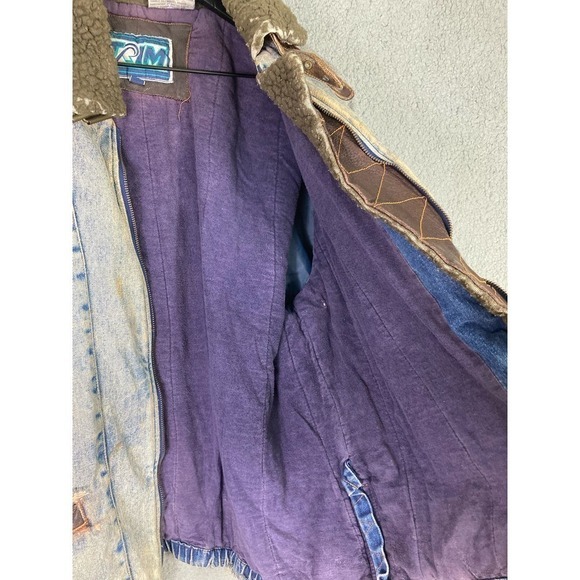 Vintage TRIM Sherpa Lined Acid Wash Denim Bomber Jacket Men’s L Aviator Patch - Picture 8 of 16